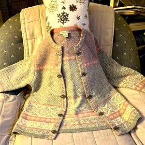 FAIRE ISLE DESIGN 100% WOOL CARDIGAN SWEATER WITH METAL SCROLL CLOSURES